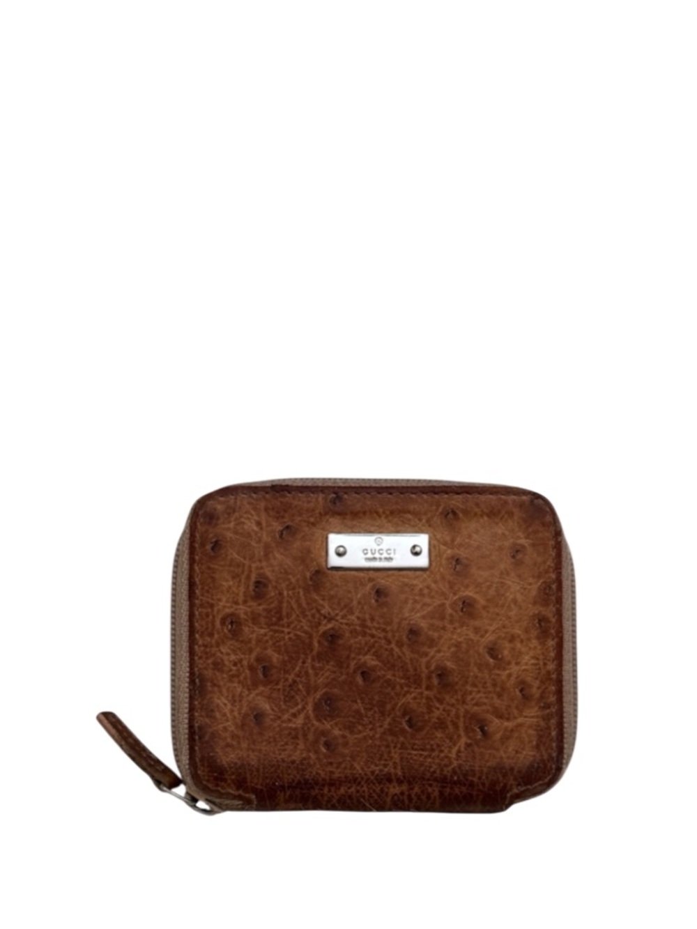 GUCCI - BROWN OSTRICH LEATHER ZIP AROUND COIN POUCH HOLDER WALLET